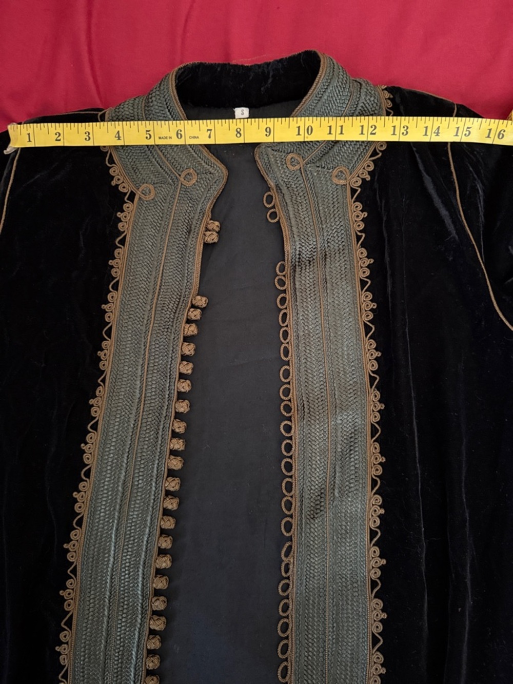Black Velvet Long Coat with Ornate Gold-Tone Trim - Picture 16 of 16